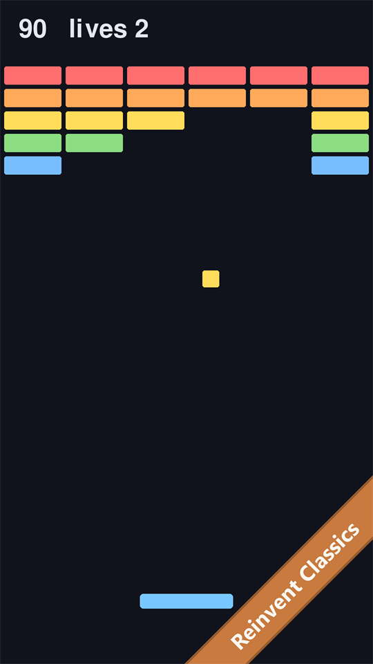A brick-breaker game in progress: rows of colored bricks, a ball, a paddle and a score of 90