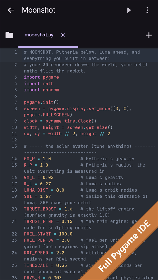 The PyPad editor showing moonshot.py with syntax-highlighted Python, tabs and a Run button