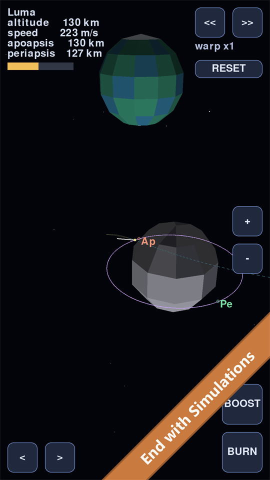 The Moonshot sample running fullscreen: a 3D planet and moon with live orbit readouts and Boost and Burn controls